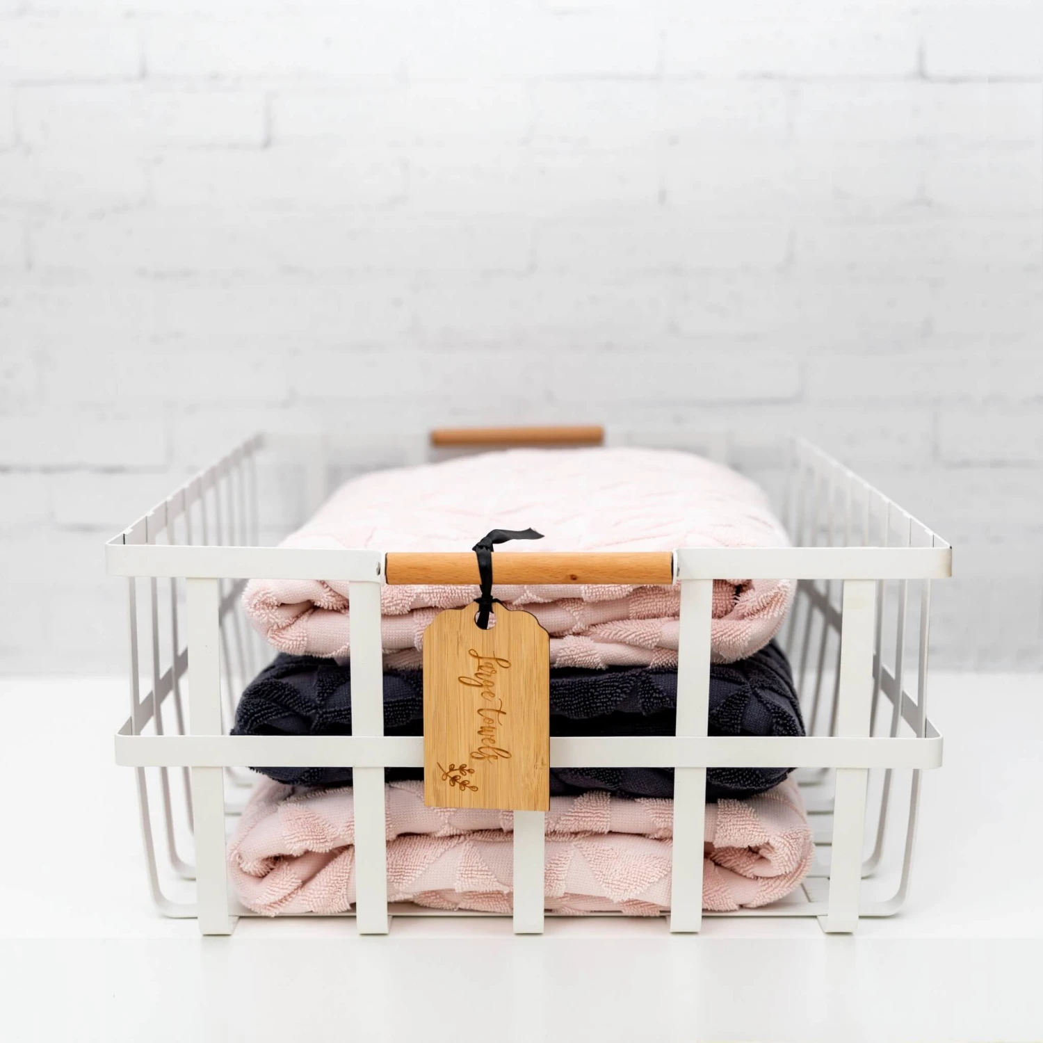 White Large Storage Basket With Wooden Handle 6 White Large Storage Basket With Wooden Handle - Image 4