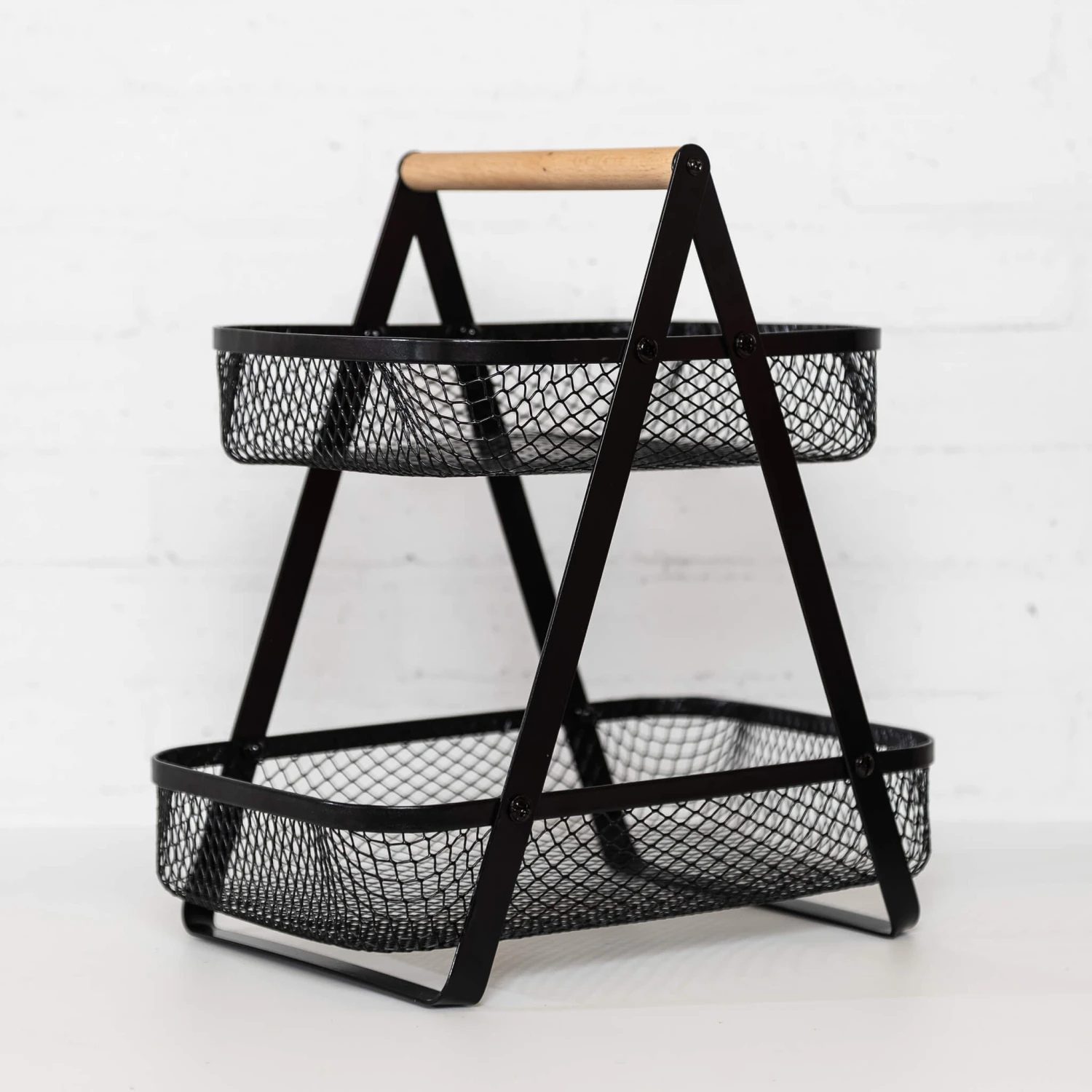 Mesh 2 Tier Bench Top Stand With Wood Handle Black 4 Mesh 2 Tier Bench Top Stand With Wood Handle Black - Image 2