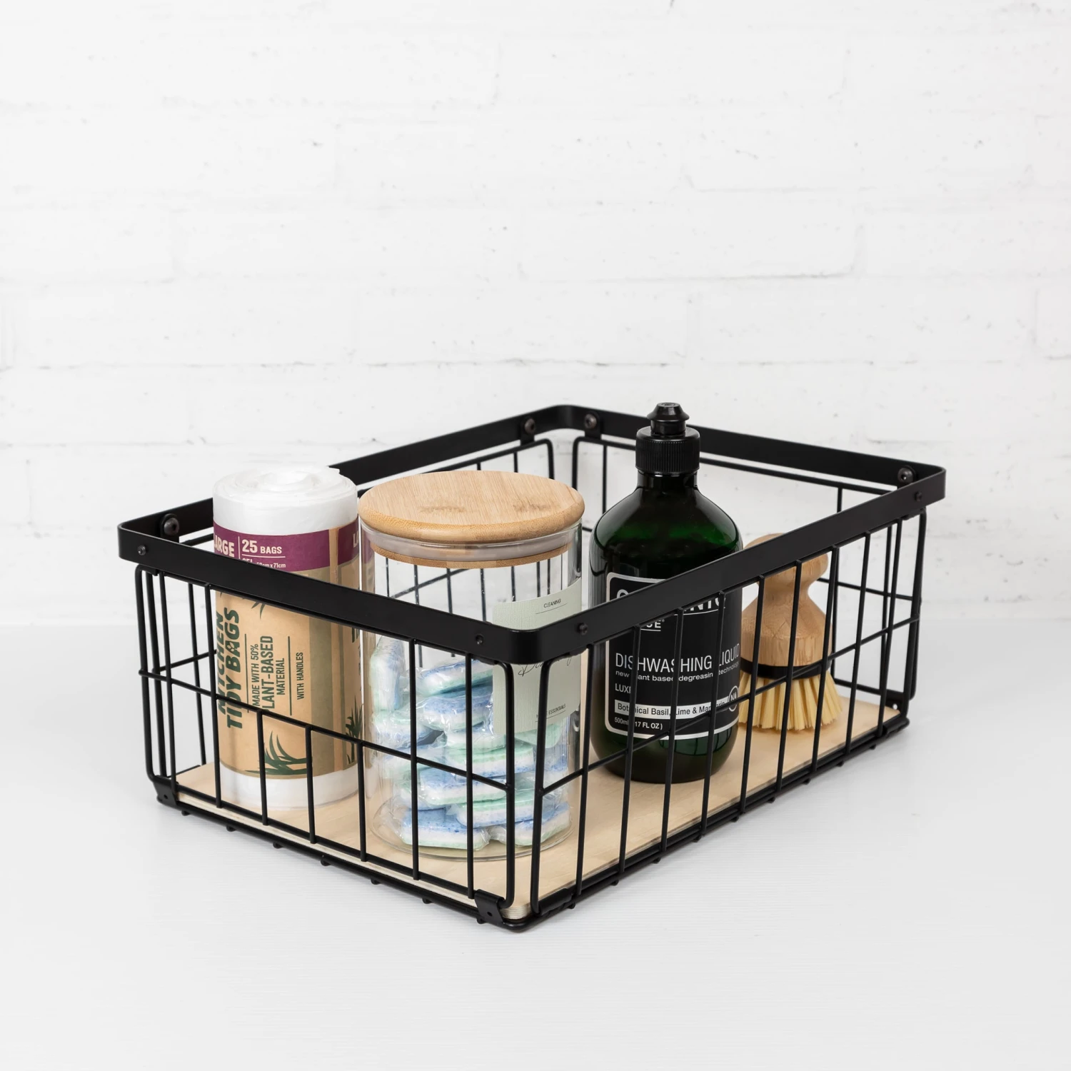 Fabulously Black Wired Metal Basket With Wooden Base 4 Fabulously Black Wired Metal Basket With Wooden Base - Image 2