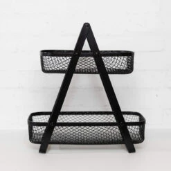 Mesh 2 Tier Bench Top Stand With Wood Handle Black 8 Mesh 2 Tier Bench Top Stand With Wood Handle Black -Pretty Little Designs Fruit basket Wood Handle Black