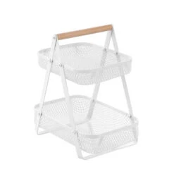 Mesh 2 Tier Bench Top Stand With Wood Handle White