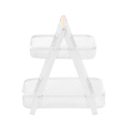 Mesh 2 Tier Bench Top Stand With Wood Handle White -Pretty Little Designs Mesh 2 Tier Bench Top Stand with Wood Handle White
