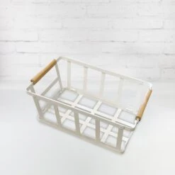 White Medium Storage Basket With Wooden Handle