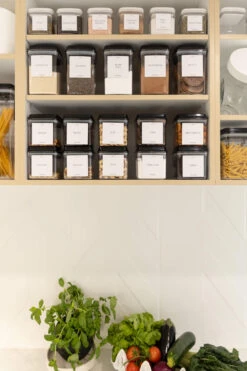 Luxe Minimalist Pantry Labels -Pretty Little Designs push top containers with pantry labels